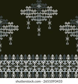 Ponto de cruz boho étnico em um fundo preto padrão sem costura. Tecelagem. Ornamento tradicional. Padrão tribal. Padrão de pixel. Para têxteis, tapeçaria, cortinas e bordas elaboradas.