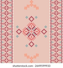 Ponto de cruz padrão étnico boho sem costura em um tema de cor vermelha. Padrão tribal. Motivo popular. Relação dos têxteis. Vetor folk bordado forma geométrica sem emenda padrão. Ideias para tapetes e tapetes.