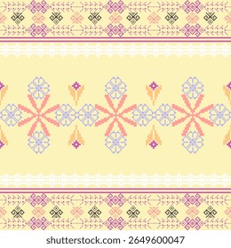 Ponto de cruz padrão étnico boho sem costura em um fundo amarelo. Padrão tribal. Motivo popular. Vetor folk bordado forma geométrica sem emenda padrão. Ideias para tapete, tapete e tapeçaria de parede.