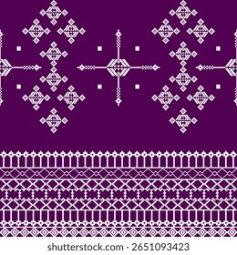 Ponto de cruz padrão étnico boho sem costura em um fundo roxo. Padrão tribal. Motivo popular. Vetor folk bordado forma geométrica sem emenda padrão. Ideias para tapetes, tapetes e tapeçarias.