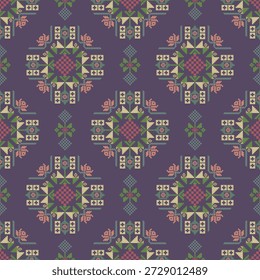 Cross-stitch ethnic boho seamless pattern. Tribal pattern. Folk motif. Textile rapport. Pixel pattern for Ukrainian and Belarusian folk seamless pattern ornament. Textiles rapport.