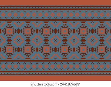 Cross-Stitch, Ethnic pattern vector background. seamless pattern traditional, Design for background, wallpaper, Batik, fabric, carpet, clothing, wrapping, and textile. Vector illustration.