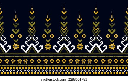 Cross-stitch. Ethnic patterns. native style Traditional designs for textures, textiles, fabrics, clothing, knitwear, prints. Horizontal pixel geometric vector seamless pattern. Light green, dark green