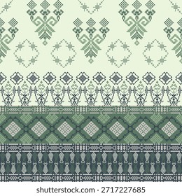 Patrón étnico sin costuras de punto de cruz en colores verde y blanco. Ilustración vectorial. Patrón de píxeles vintage oriental para Fondo de pantalla, azulejos, tapices, textiles y decoración del hogar.