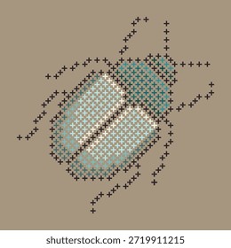 Ilustração em forma de ponto de cruz de um besouro. Este gráfico estilo bordado digital apresenta um design texturizado, bug geométrico composto de pontos em forma de cruz em tons de azul-petróleo e bege