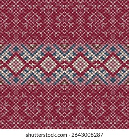 Cross-stitch pattern, woven or knitted pattern inspired by native or tribal patterns, often appearing in woven fabrics or traditional clothing of tribes or ethnic groups, with intricacy, using a dark 