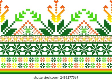 Cross-stitch, Pixelart, vector, leaf,green,orange, for fabric, carpet,tile,clothing,embroidery,wallpaper, and background