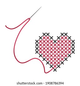 Cross-stitch. Red with a gray heart, embroidered with a cross. Needle and thread. Cross-stitch and smooth embroidery. Vector illustration isolated on a white background for design and web.