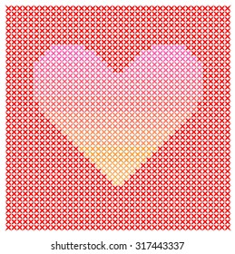 Cross-stitch. Red heart and the word love. Vector.