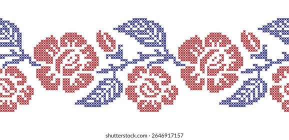 Ponto de cruz padrão sem costura com flores, botões e folhas. Ilustração de vetor
