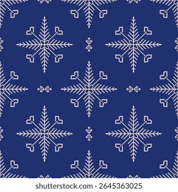 Ponto de cruz padrão sem costura com flocos de neve em um fundo azul. Bordado tradicional ucraniano. Estilo Boho. Pixel art, vyshyvanka, têxteis, tapetes, cortinas e papel de parede.