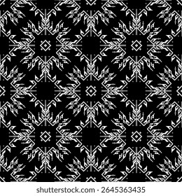 Cross-stitch seamless pattern with tribal motifs in black and white colors. Ukrainian traditional embroidery. Boho style. Pixel art, vyshyvanka, textiles, and wallpaper.