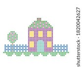 The cross-stitch spring house is isolated on the white background.