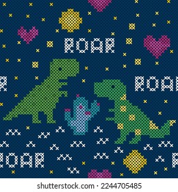 Cross-stitch style seamless pattern with cute green dinocaurs at night. Roar text and hearts around. Lovely romantic pixel art. Dino and cactus.