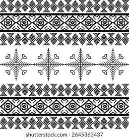 Ponto de cruz bordado tradicional ucraniano em cores preto e branco. Ilustração vetorial. Estilo Boho. Pixel art. Vyshyvanka, têxteis e papel de parede.