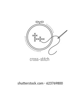 Cross-stitch vector thin line icon, embroidery hoop with a needle. Colored isolated symbol. Logo template, element for business card or workshop announcement. Simple mono linear modern design.