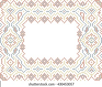 Cross-stitched ethnic style frame with red, blue and yellow threads