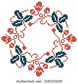 cross-stitched flower wreath pattern, green and red color