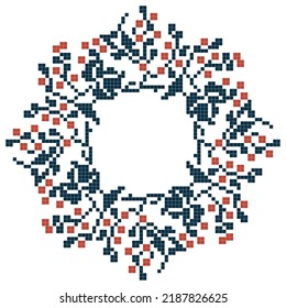cross-stitched flower wreath pattern, green and red color