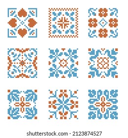 Cross-stitched patterns set, flat mosaic design with blue and orange elements