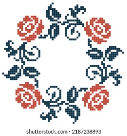 cross-stitched rose wreath pattern, green and red color