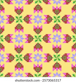 Cross-stitched seamless pattern with decorative flowers on a yellow background. Design for wallpaper, pattern fills, web page background, ceramic pottery, tiles, and clothing.