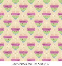 Cross-stitched seamless pattern with hearts. Valentine's Day background. Vector illustration. Design for wallpaper, tiles, ceramic pottery, bedding sheets, and fabric.