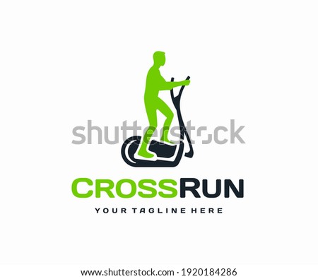 Crosstrainer workout logo design. Elliptical trainer with running man vector design. Fitness training on the orbitrack logotype
