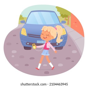 Crosswalk accident with kid pedestrian vector illustration. Cartoon girl student moving as zombie to cross street in front of car, dangerous careless crossing road. Traffic rules for children concept