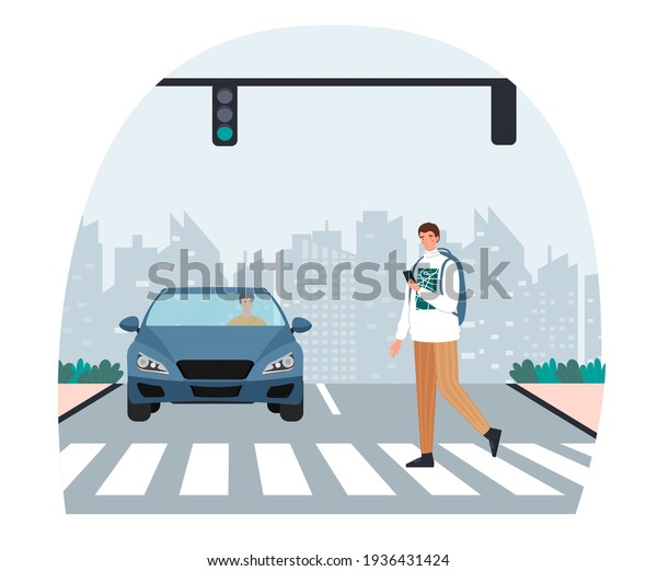 Crosswalk accident. Pedestrian with smartphone\
crossing road on red traffic lights, road safety. Flat abstract\
metaphor outline cartoon vector illustration concept on isolated\
white background