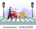 Crosswalk accident. Pedestrian with smartphone and headphones crossing road on red traffic lights, road safety. Car vehicle accident danger, street traffic rules vector illustration