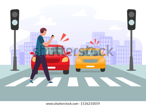 Crosswalk\
accident. Pedestrian with smartphone and headphones crossing road\
on red traffic lights, road safety. Car vehicle accident danger,\
street traffic rules vector\
illustration