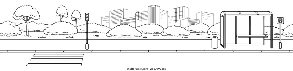 Crosswalk and bus stop street road graphic black white city long landscape sketch illustration vector