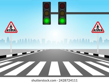 Crosswalk with Green Traffic Light in the City. Pedestrian Crossing Road. Zebra Crossing. Vector Illustration. 