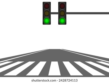 Crosswalk with Green Traffic Light in the City. Pedestrian Crossing Road. Zebra Crossing. Vector Illustration. 