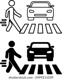 Crosswalk Icons. Black and White Vector Icons. Pedestrian Walking on Crosswalk Past Parked Car. Road Traffic Rules. Road Concept
