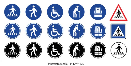 Crosswalk mandatory pictogram Walkway, ross over access. Person with a disability, people with disability or physical handicap. Flat vector pictogram or symbol. Mobility symbol.