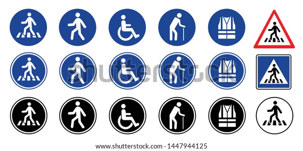 Crosswalk\
mandatory pictogram Walkway, ross over access. Person with a\
disability, people with disability or physical handicap. Flat\
vector pictogram or symbol. Mobility\
symbol.