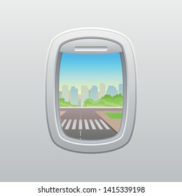 Crosswalk on the background of skyscrapers. View from the window of the plane. Vector illustration.