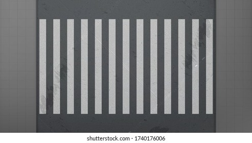 Crosswalk on car road top view. Vector realistic background with white zebra lines road marking on black asphalt and tiled sidewalk. City street with pedestrian crossing and pavement