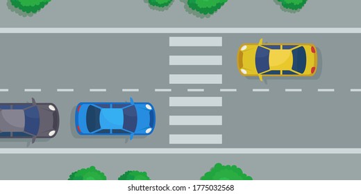 Crosswalk on the highway in the city, top view. Pedestrian crossing way, zebra crossing. Vector illustration, flat design, cartoon style.