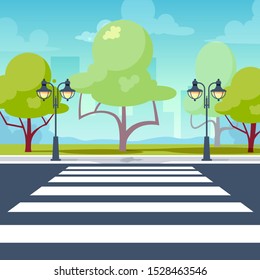 Crosswalk in perspective view. City crossroads in flat style. Vector illustration isolated on white background
