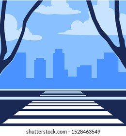 Crosswalk in perspective view. City crossroads in flat style. Vector illustration isolated on white background