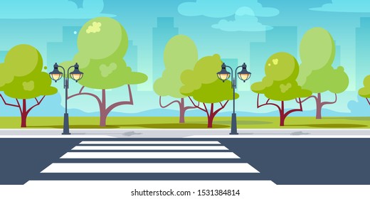 Crosswalk in perspective view. City crossroads in flat style. Vector illustration isolated on white background