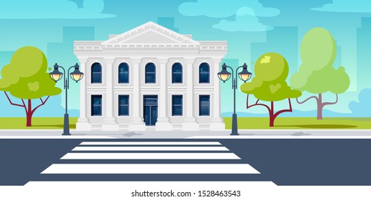 Crosswalk in perspective view. City landscape with administration building, sidewalk and street lanterns. Vector illustration in flat style