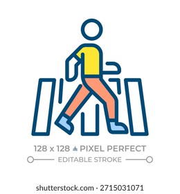 Crosswalk pixel perfect line color icon. Pedestrian crossing street. Urban traffic regulation. Road infrastructure. Isolated vector illustration. Flat colorful symbol design. Editable stroke
