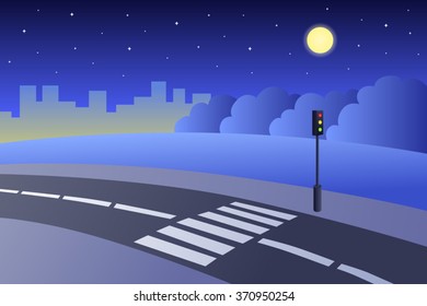 Crosswalk Road Landscape Summer Night Illustration Vector