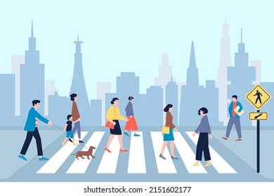 Crosswalk. Road traffic, downtown pedestrian and people crowd. Urban city pedestrians on street, man woman kid walk in town, recent vector scene