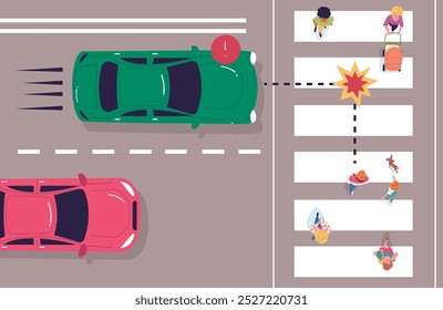 Crosswalk rules top view. Pedestrian and automobile traffic direction rule, safety drive cross road, lane way transportation vehicle motion people walk on zebra vector illustration original artwork