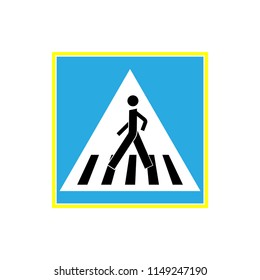 Crosswalk sign black in blue square. Icon a pedestrian place for child near school. Symbol safety traffic human on road. Label for banner about crossing way. Design element. Vector illustration